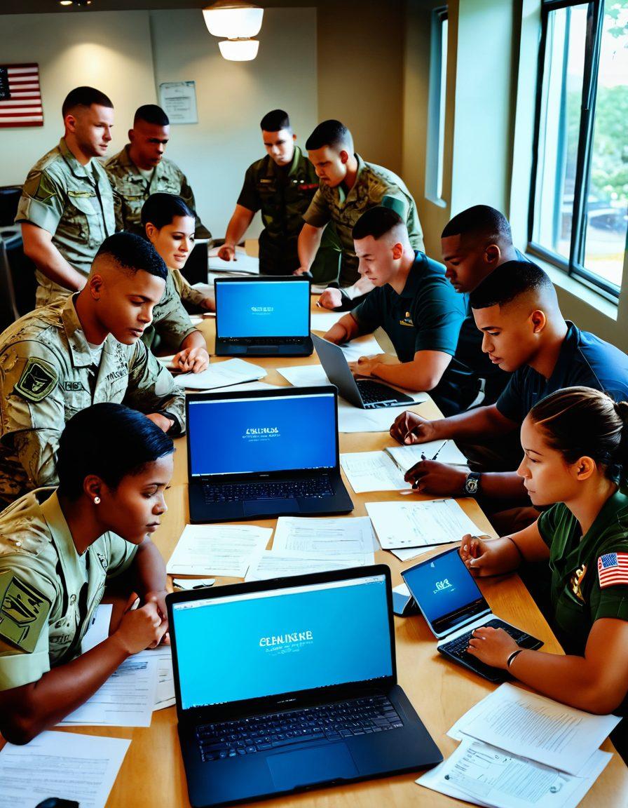 A bold and inspiring image of a diverse group of military personnel blogging together in a modern, high-tech environment. Include elements of camaraderie and teamwork, with laptops open and papers scattered around, showcasing various military branches. In the background, a supportive community of families and veterans is engaging, representing unity and respect for armed forces. The atmosphere is warm and inviting, with motivational quotes subtly integrated into the scene. vibrant colors. digital art.