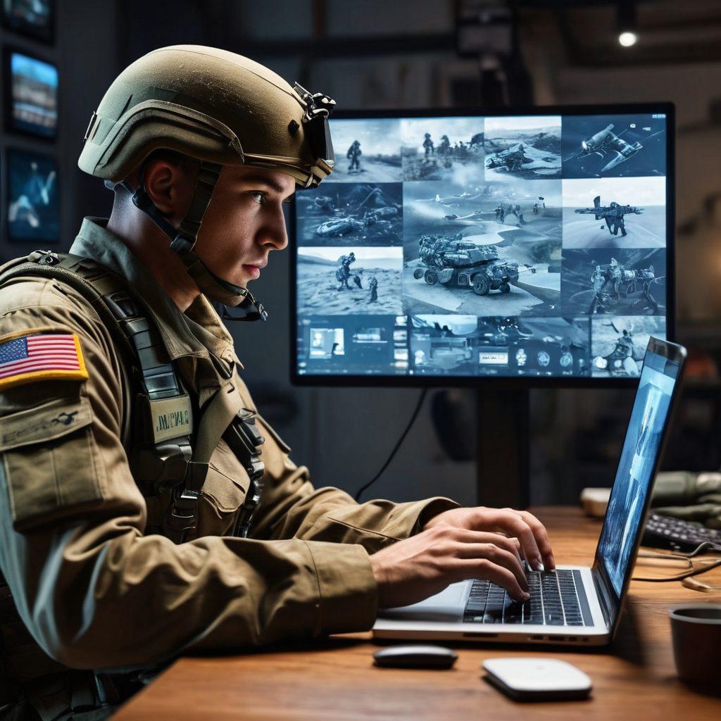 A powerful composition depicting a soldier transitioning from a battlefield to a modern, tech-savvy workspace where he types on a laptop. Elements of military gear blend with digital devices, symbolizing the merge of military life and blogging. In the background, icons representing military updates and veteran affairs hover in a cloud-like formation. The scene is vibrant and dynamic, capturing both strength and progress. super-realistic. vibrant colors. 3D.