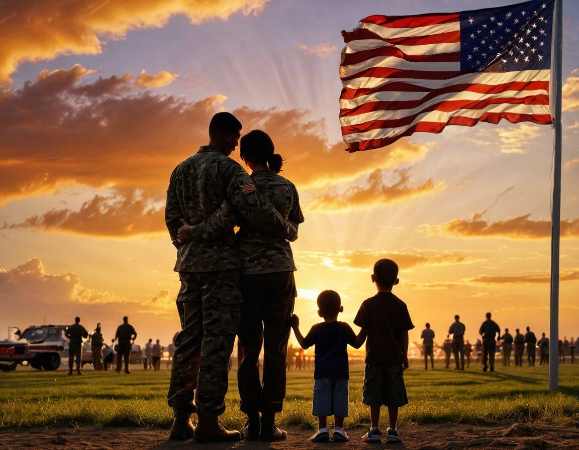 A heartwarming scene showcasing a military family embracing under a sunset sky, with service members in uniform in the background sharing stories and resources. Banners of support and gratitude flutter around, symbolizing unity and resilience. Emphasize strong emotions and community spirit through vibrant colors and meaningful expressions. super-realistic. warm tones. dynamic composition.